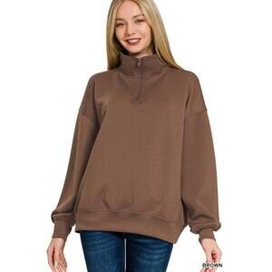 NEW ZENANA scuba half zip pullover top in brown